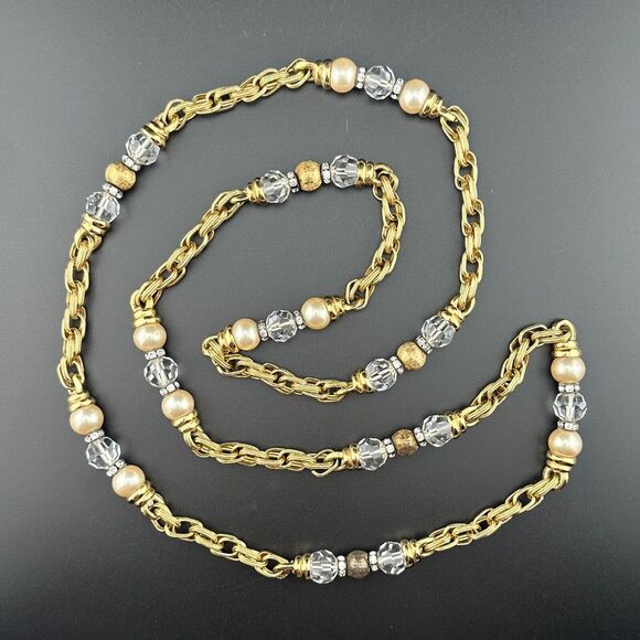 Heavy Vintage Gold Plated Chain Necklace Faux Pearl Crystal Beads Rhinestone 22" - Picture 11 of 11